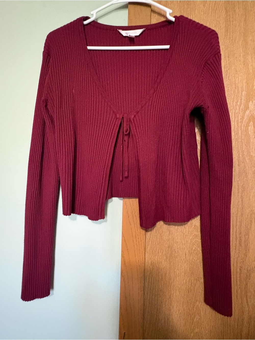No Boundaries Ribbed Tie-Front Long Sleeve Crop Top - Wine